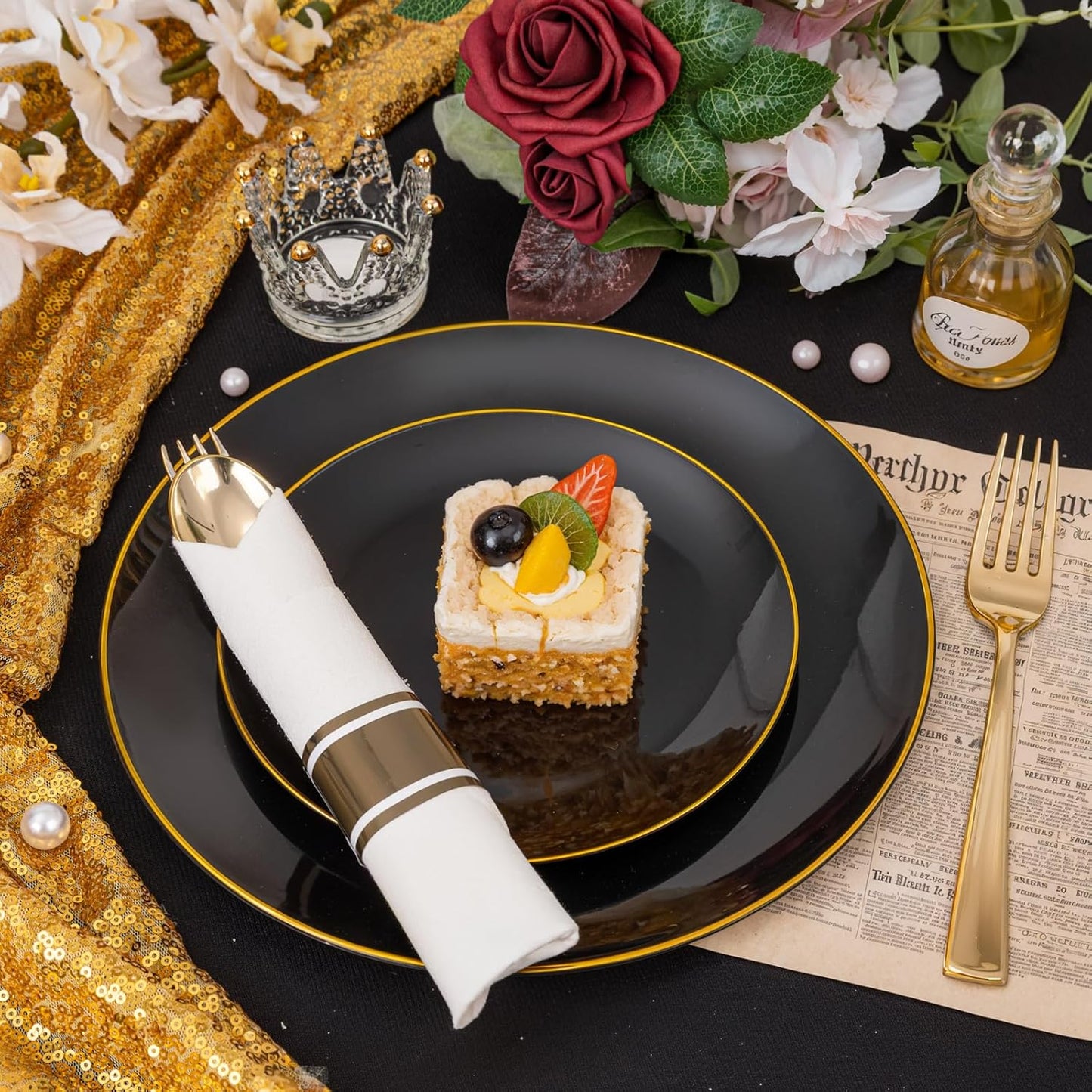 KIRE 175Pcs Black Plates Disposable - Heavy Duty Black and Gold Plastic Plates- 25 for Dinner 25 for Dessert 25 Pre Rolled Gold Silverware and 25 Cups for Birthday Party/Halloween/New Year