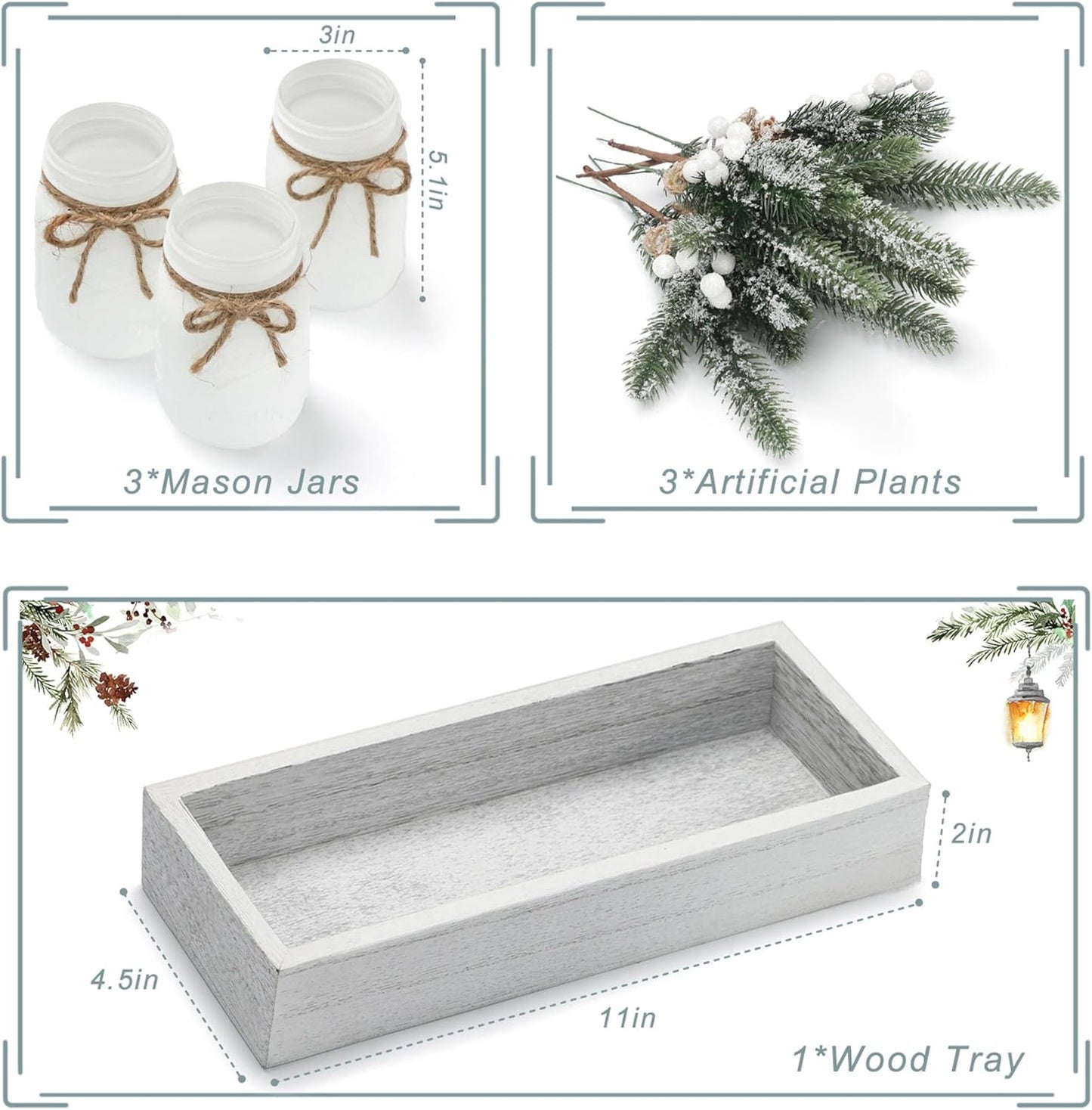 Mason Jars by Winter White, White Centerpieces & Wood Tray, 3 Decorative Jars for Home Table Decor, Farmhouse Dining Table & Kitchen Decorations