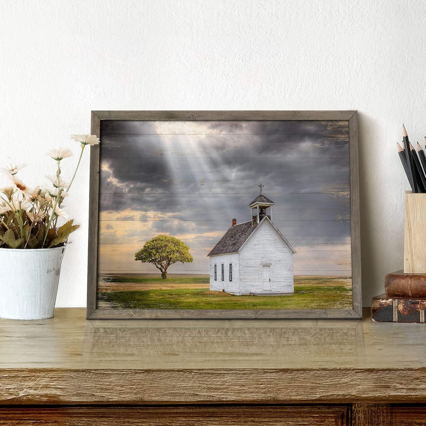 Beautiful Scene Wooden Art Framed: Little House under the Sun Wood Artwork Painting with Framed for Office (12'' x 16'' x 1 Panel)