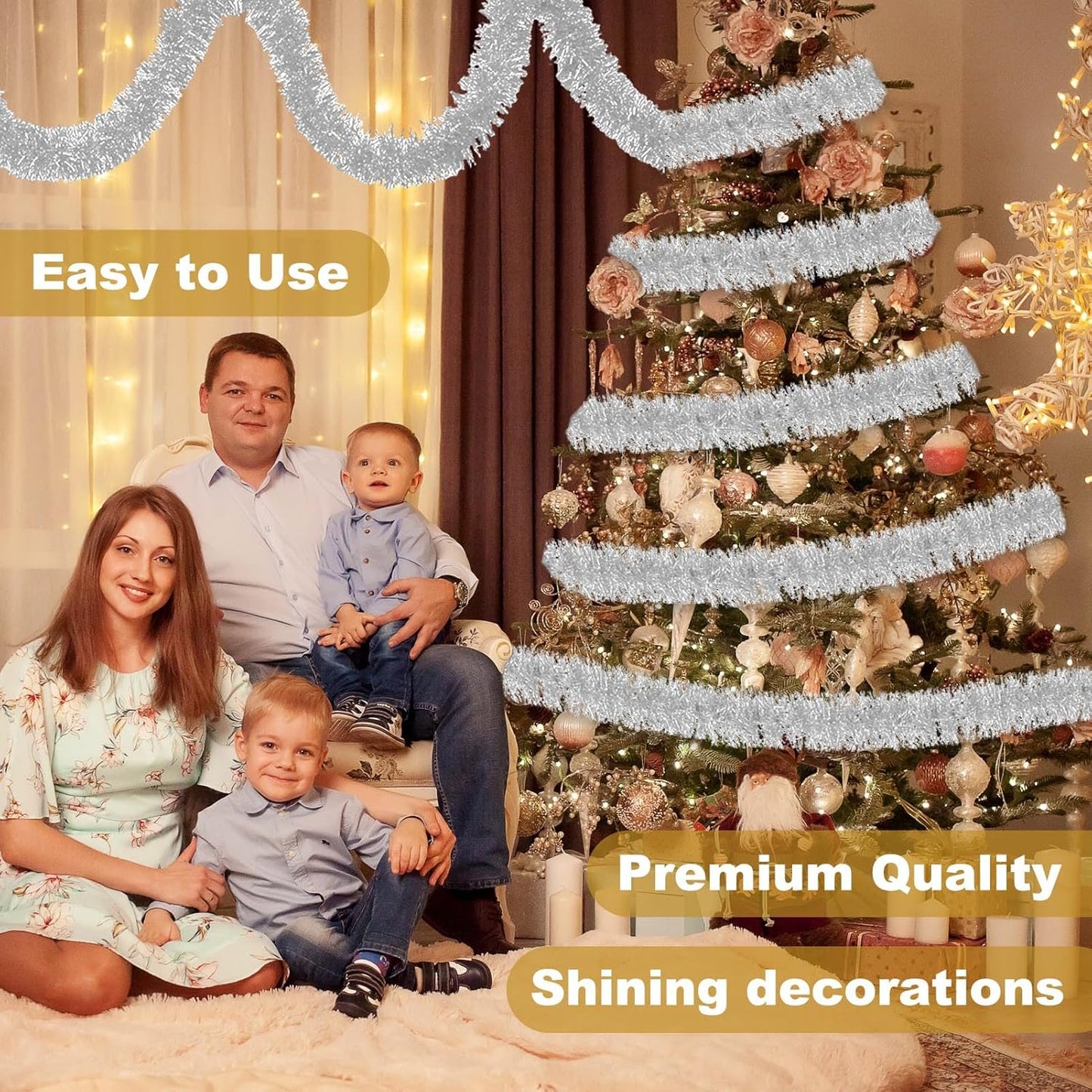 25 Feet Silver Christmas Tinsel Garland, Metallic Foil Twist Banner Wall Hanging Tinsel Streamers Backdrop for Parade Floats, Christmas, Mother's Day, Birthday Party Decorations(4in x 25ft)