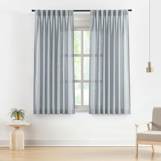 Vision Home Blue Fog Pinch Pleated Semi Sheer Curtains Textured Linen Blended Light Filtering Window Curtains 72 inch for Living Room Bedroom Pinch Pleat Drapes with Hooks 2 Panels 40" Wx72 L