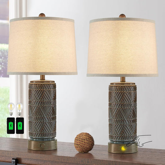 RORIA Set of 2 Farmhouse Table Lamps for Living Room Bedroom, 3 Way Dimmable Touch Nightstand Lamp with 2 USB Port, Rustic Vintage Bronze Ceramic Lamps for End Table Bedside, Bulbs Included
