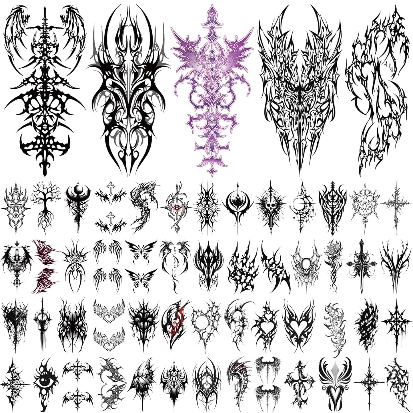 Yazhiji 77 Sheets Cyber Sigilism Temporary Tattoos Adult, 17 Sheets Cyber Seal Fake Arm Chest Shoulder Tattoo Stickers, 60 Sheets Tiny Black Tattoos for Women Men Kids