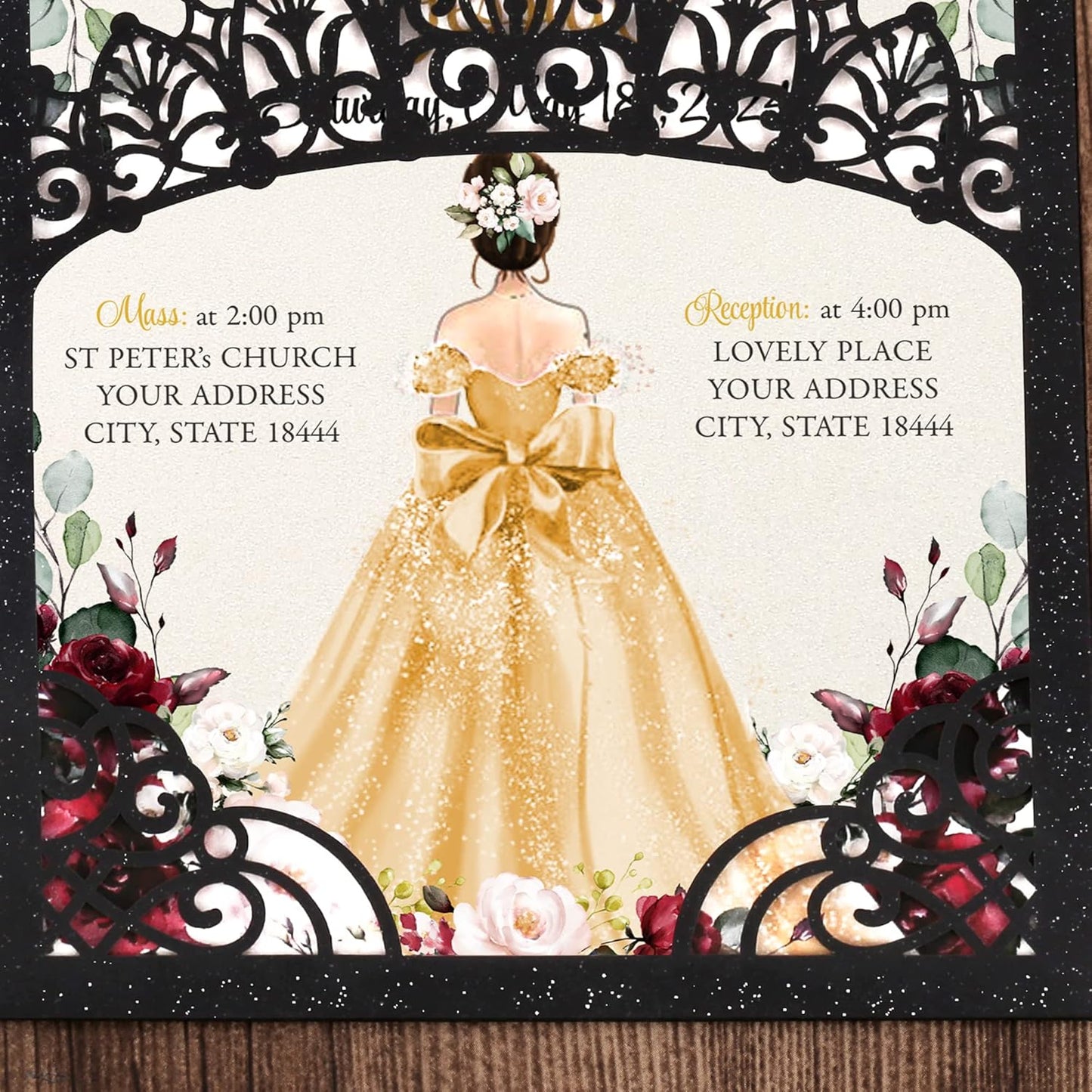 50Pcs Gold Crown Invitations for Quinceanera, 15 year, Sweet 16, Miss XV, Birthday Laser Cut Quince Invitation Cards Personalized Pearlized Black