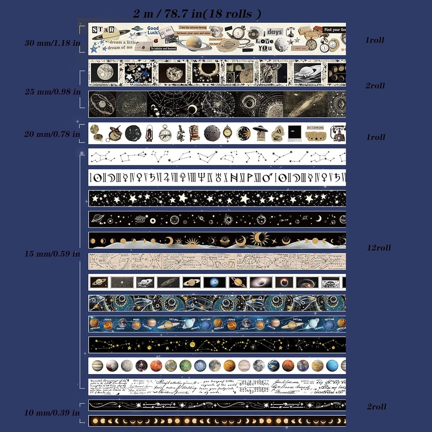 18 Rolls Celestial Washi Tape Set Galaxy washi Tape for Crafts and Journaling DIY washi Tape for journaling Decorative Tape for Scrapbook Scrapbooking Supplies