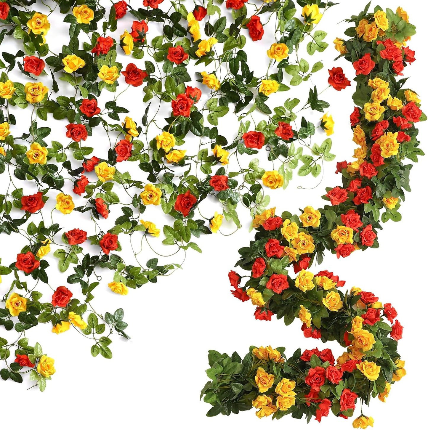 Floweroyal 2 Pack Artificial Flower Garlands 15.8FT Fake Rose Vines Silk Flowers Hanging Rose Ivy for Wedding Arch Party Home Garden Wall Decor (Orange Yellow)