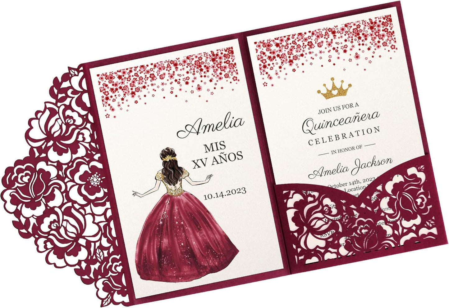 DORIS HOME 50pcs Laser Cut Quinceanera Invitations Burgundy, 4.7x7.1 Personalized Quince Invitations for 15th Birthday, Invitation cards for Sweet 16 with Envelopes