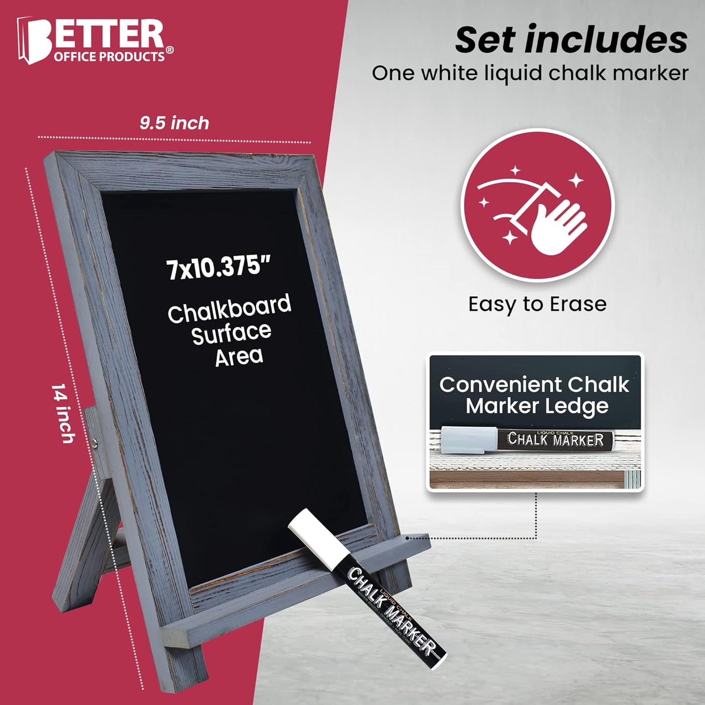 Better Office Products Framed Tabletop Chalkboard Sign, 9.5" x 14", Rustic Wood Frame, Small Magnetic Chalkboard with Built-in Ledge and Folding Stand, One White Chalk Marker Included,(Gray wash)