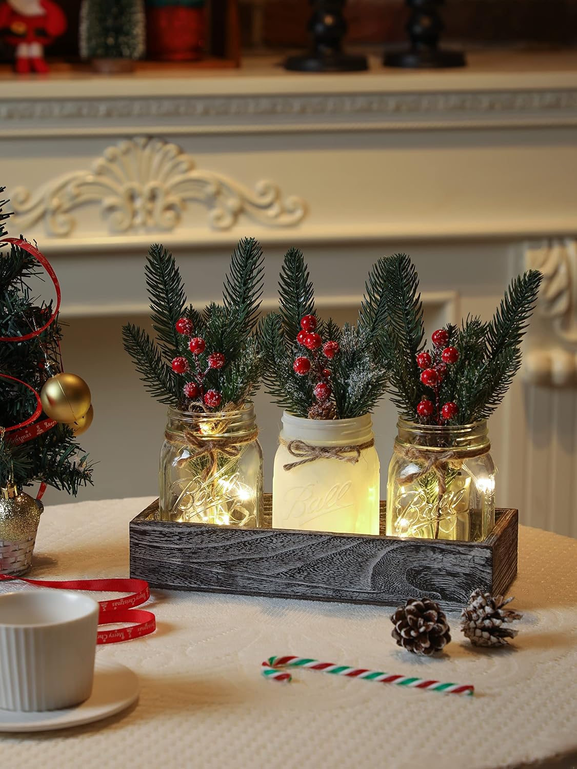 Christmas Mason Jars, Christmas Centerpiece Table Settings, Wood Tray with 3 Painted Jars, Dining Coffee Table Centerpiece, For Kitchen, Living Room, White Mason Jar Decor with Flowers