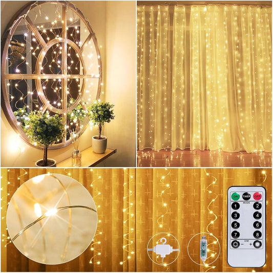 Curtain String Lights - 198 LED Window Light with Remote and Hooks, Fairy Lights with 8 Lighting Modes, USB Hanging Lights for Wedding, Party, Indoor Decorations