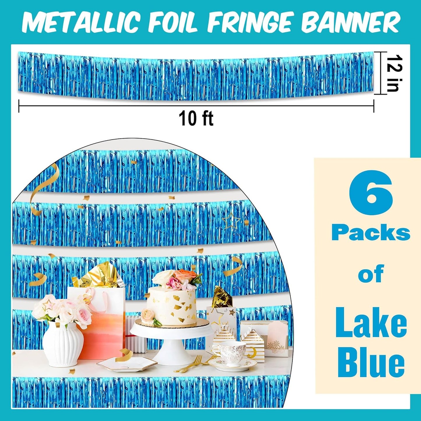 6 Pack 10 Ft Lake Blue Foil Fringe Garland Metallic Streamers Tinsel Banner Wall Hanging Garland Backdrop for Parade Floats, Halloween, Christmas, Thanksgiving, New Year Party Decorations
