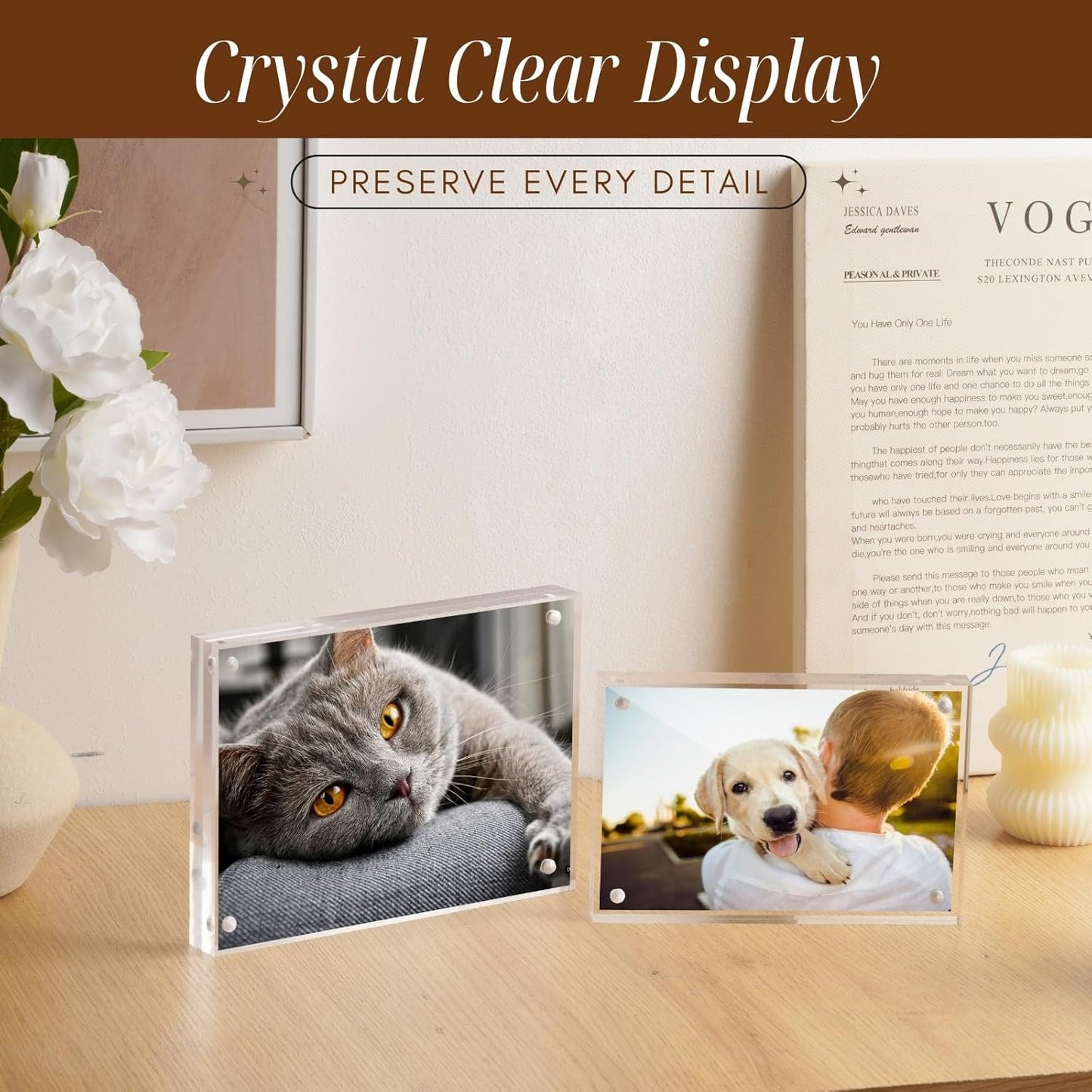 CATIFLIN 4x6 Magnetic Acrylic Frames 2 Pack, Double Sided Clear Frameless Picture Frame Blocks, 20mm Thick Photo Frames Free Standing Display for Family Photos, Certificates, Office, Artwork