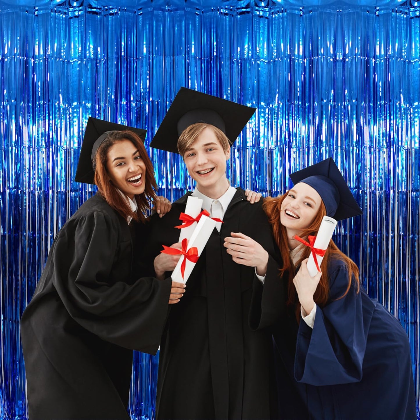 GOER 3.2 ft x 9.8 ft Metallic Tinsel Foil Fringe Curtains Party Photo Backdrop Party Streamers for Birthday,Graduation,New Year Eve Decorations Wedding Decor (Navy Blue,5 pcs)