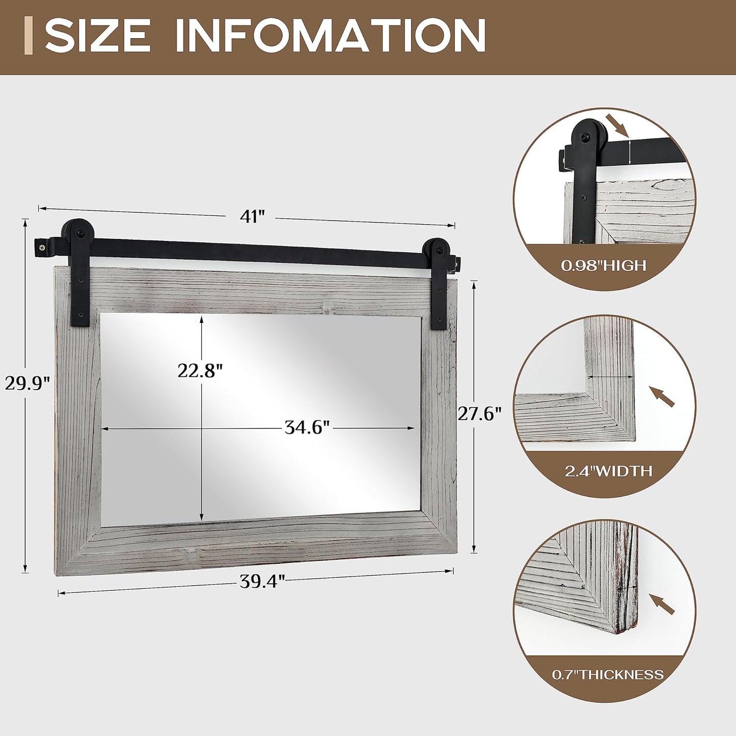 COGOOD Farmhouse Bathroom Mirror - 41" x 30" Rustic Barn Door Mirror for Living Room, Entryway, Bedroom, Vanity Wall Decor (Grey)