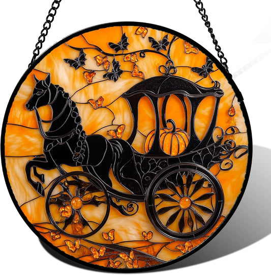 Stained Glass Window Hanging - Halloween Pumpkin Carriage Suncatcher for Doors Window Garden Indoor Spooky Funny Orange Sun Catchers Gothic Decor Horror Gifts for Women Men Friend 11.8 in