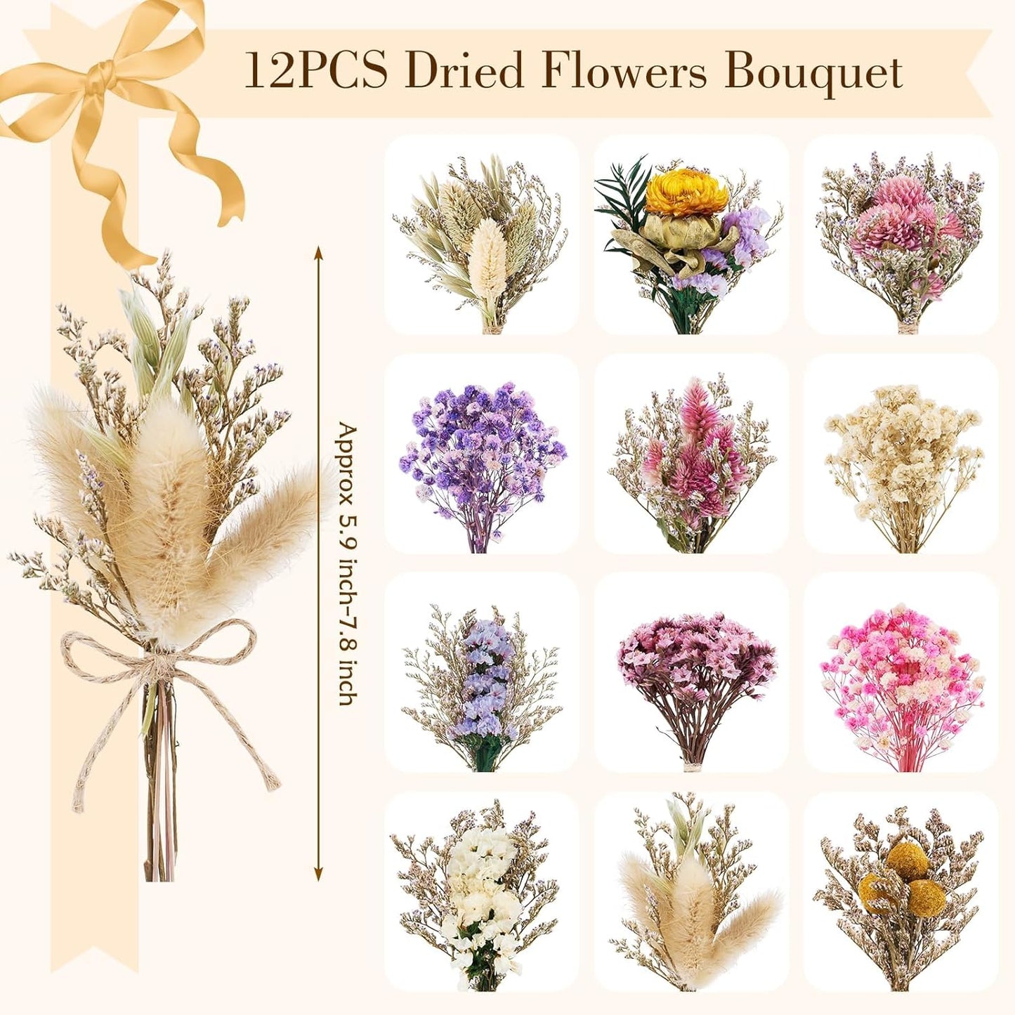 12/24 PCS Charming Dried Flowers Bouquet for Vase Various Dried Wildflowers with Stems Mini Handmade Wildflowers Natural Real Flowers Bulk Flowers Craft (Various Series, 12 PCS)