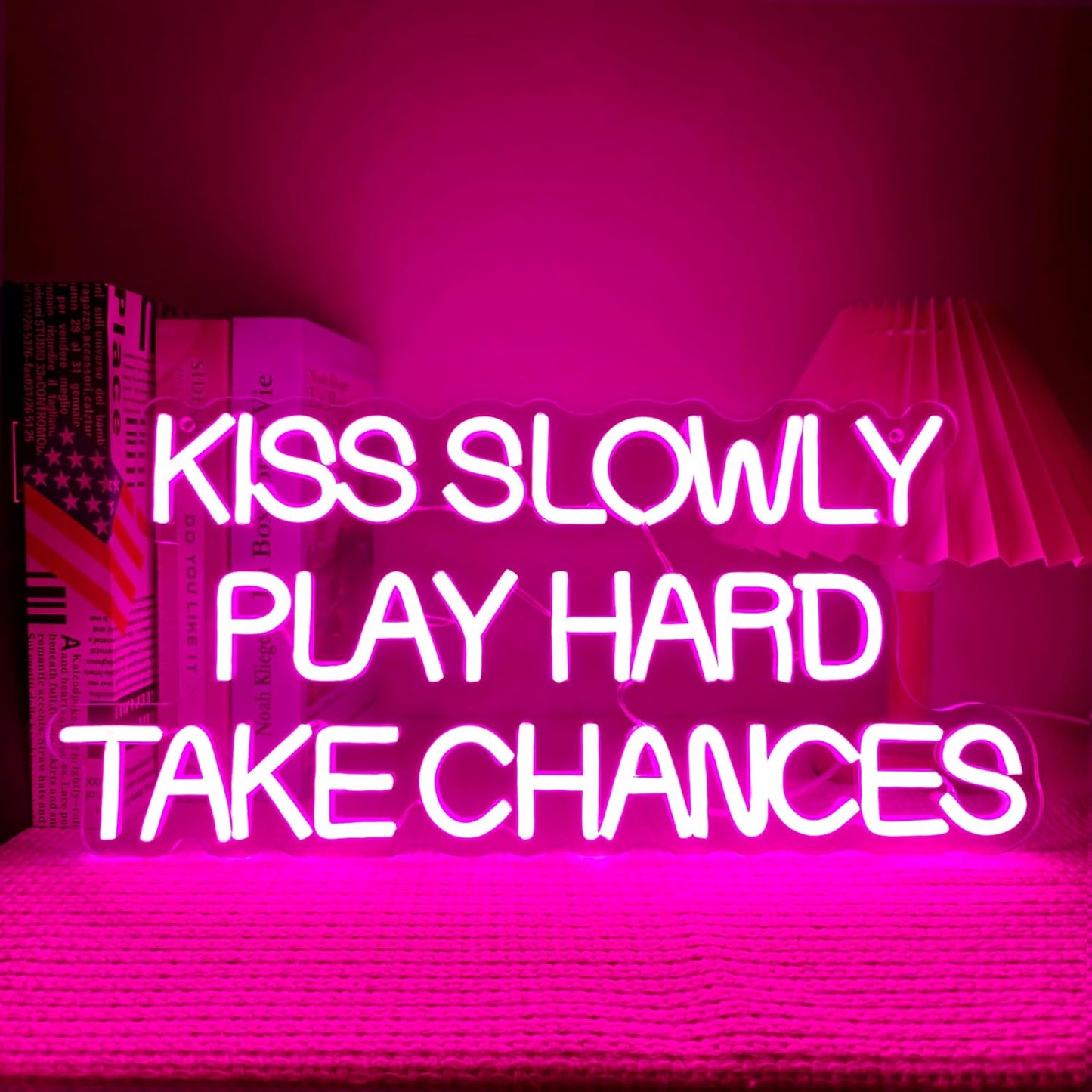 Kiss Slowly Play Hard Take Chances Neon Sign Pink LED Light Inspirational Wall Decor Motivational Gift for Bedroom Living Room Party Home