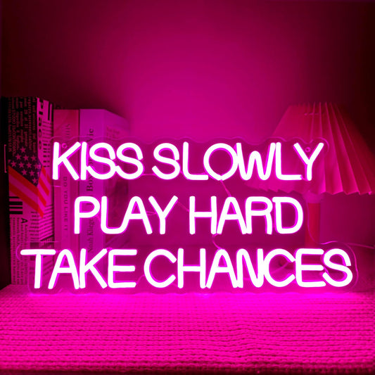 Kiss Slowly Play Hard Take Chances Neon Sign Pink LED Light Inspirational Wall Decor Motivational Gift for Bedroom Living Room Party Home