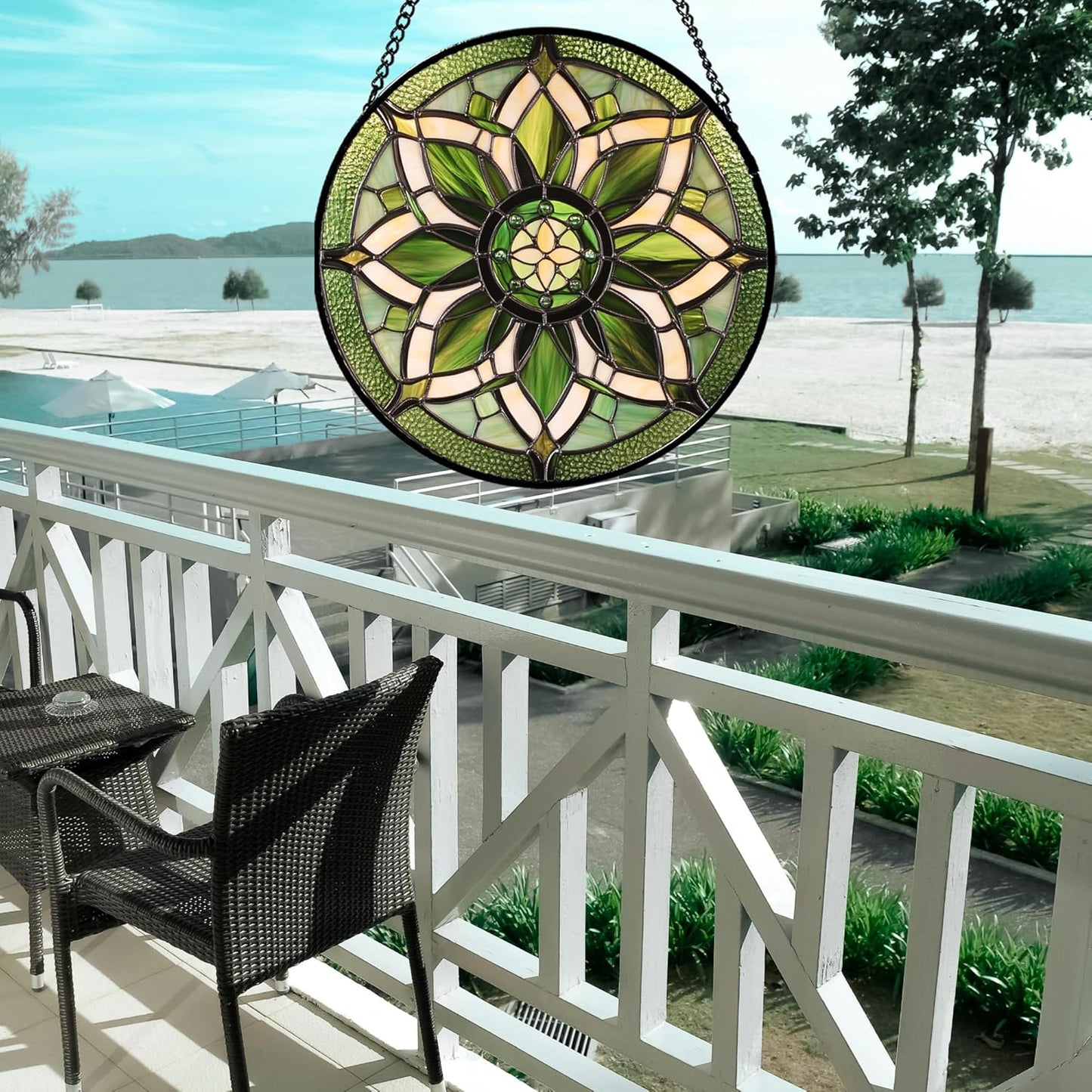Stained Glass Window Hanging - White Green Boho Flower Suncatcher for Doors Window Home Sun Catchers Decor Christmas Mother's Day Birthday Gifts for Teacher Women Men Mom Nana 6.3 in