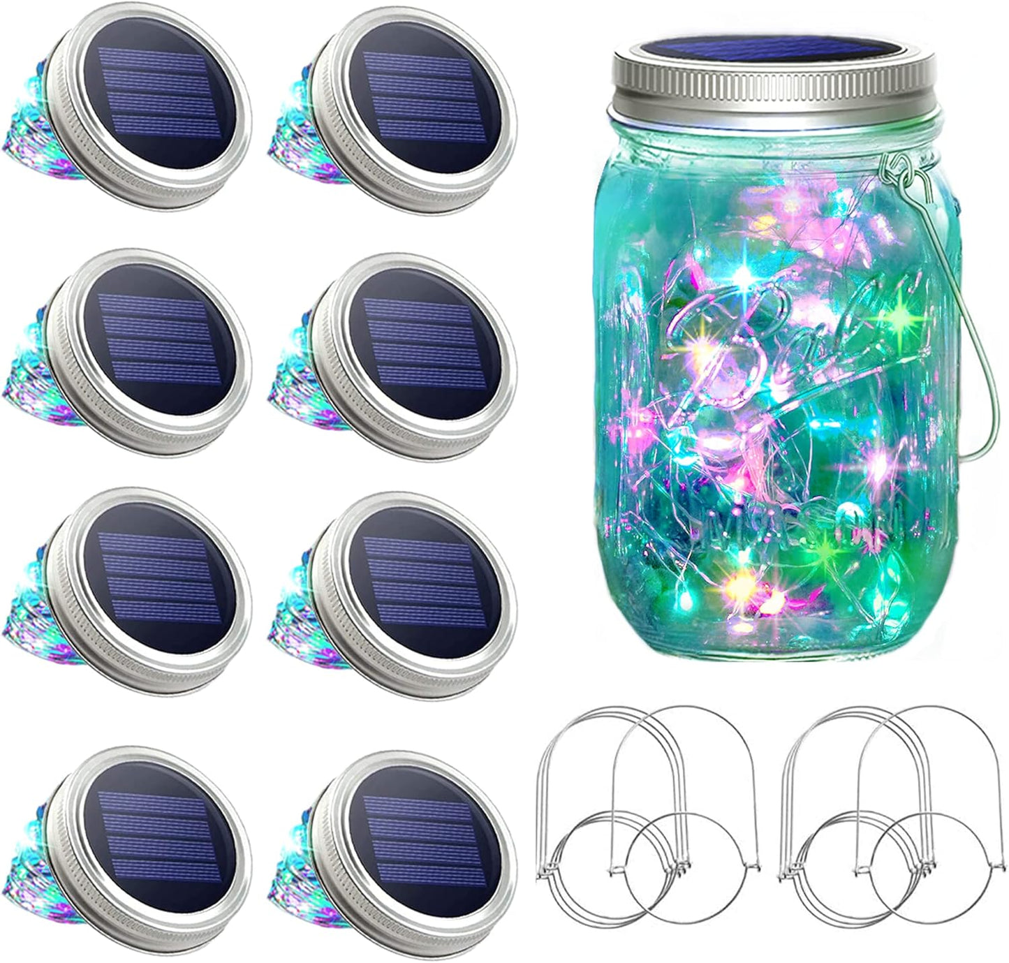 SunKite Solar Mason Jar Lights [Updated], 8 Pack 20 LED Waterproof Fairy Firefly Jar Lids String Lights with Hangers(NO Jars), Patio Yard Garden Wedding Decoration - Colorful
