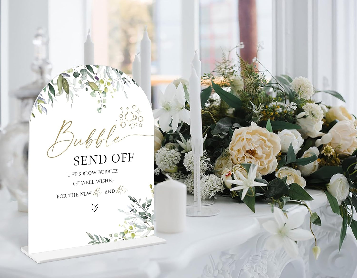 Greenery Bubble Send Off Sign, 6 x 8 Inch White Arch Acrylic Wedding Sign with Holder, Wedding Sign for Ceremony and Reception, Wedding Decoration, Wedding Supplies - LY14