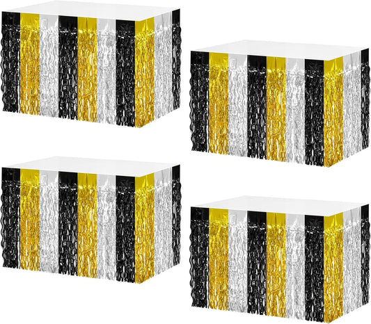 4P Wavy Metallic Tinsel Foil Fringe Table Skirts for Rectangle Tables Backdrop Garland Curtains for Parade Floats Wedding Birthday Parties Decoration Graduation 2025 Christmas (Black Gold Silver)