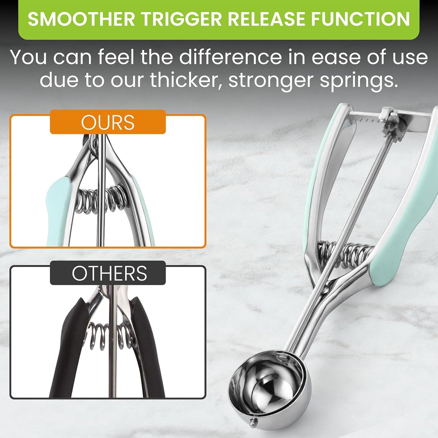 Spring Chef - Mint Small Cookie Scoop for Baking, Multifunctional #60 Melon Baller with Trigger Release for Watermelon, Ice Cream, Protein Ball, Stainless Steel Scooper, 1 Tbsp Cookie Dough Scoop