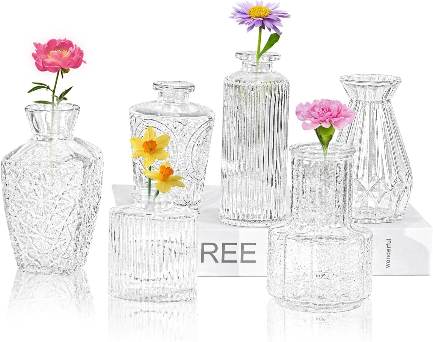6Pcs Glass Bud Vase Set,Small Flower Vase for Tables Centerpieces Decor, Mini Vintage Clear Vase for Home,Wedding,Party Decorations（6 Pcs，Clear）