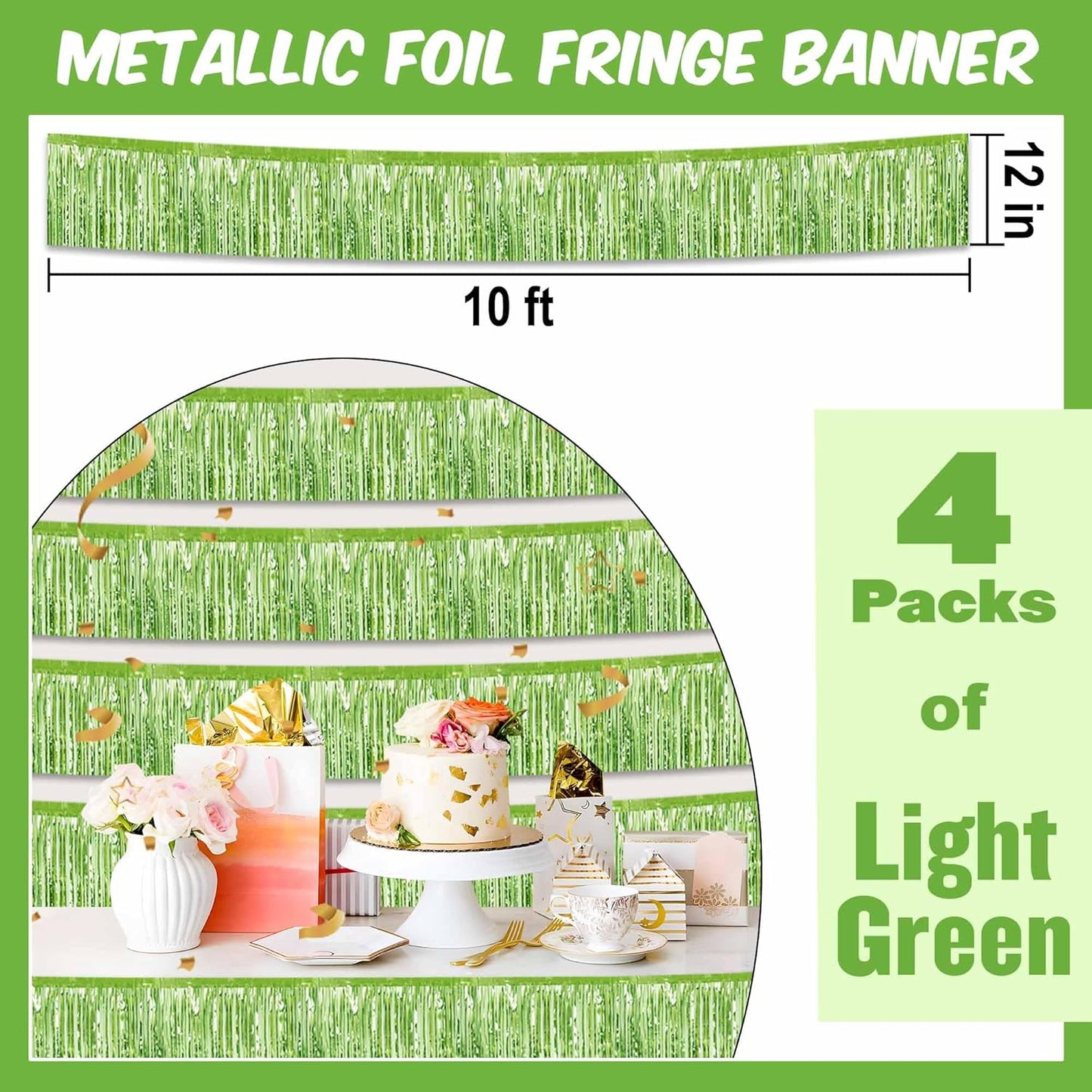 4 Pack 10 Ft Light Green Foil Fringe Garland Metallic Streamers Tinsel Banner Wall Hanging Garland Backdrop for Parade Floats, Halloween, Christmas, Thanksgiving, New Year Party Decorations