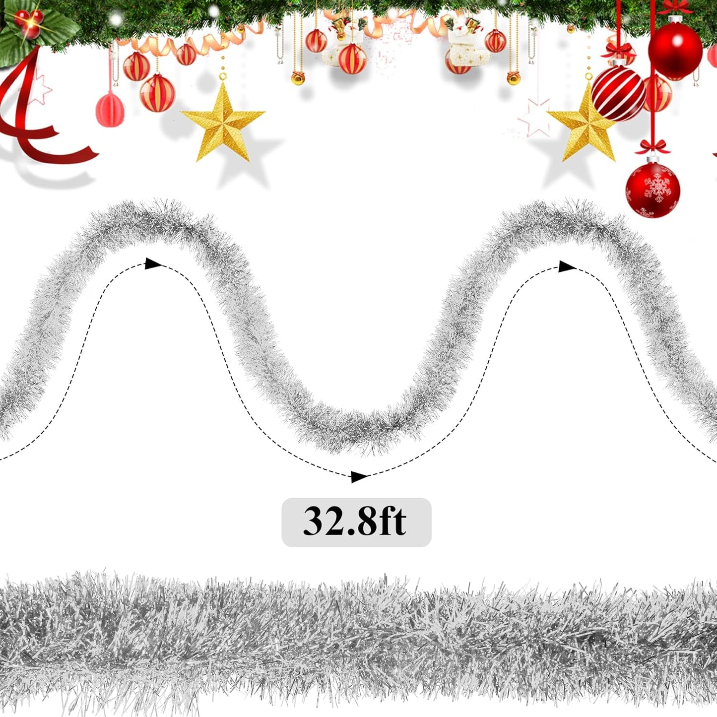 32.8 Ft Silver Christmas Tinsel Garland Metallic Shiny Tassle Banner Wall Hanging Tinsel Streamers Backdrop for Christmas Holiday Birthday Supplies Indoor Outdoor Ornaments Home Decor