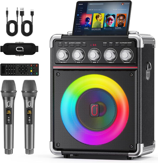 Karaoke Machine with 2 Wireless Mics for Adults Kids | Bluetooth 5.3 Speaker with Bass/Treble/Echo Adjustment | PA System with Disco Lights & Remote Control, Supports TV/TF Card/USB/AUX/Live