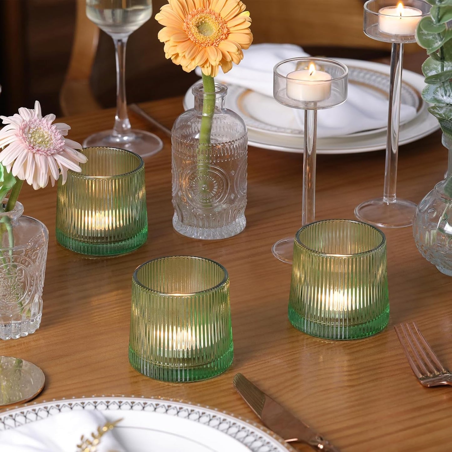 DARJEN Green Ribbed Tealight Votive Candle Holders- 6Pack Glass Candle Holders for Table Centerpiece, Wedding Decor, Home Decor, Party Dinner