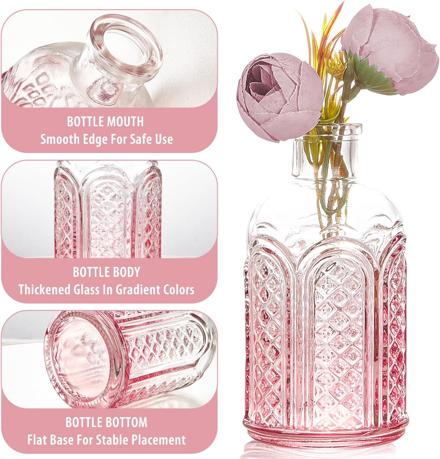 Pink Glass Bud Vase Set of 30, Small Flower Vases in Bulk, Mini Vintage Vases for Centerpieces, Home, Parties, Wedding Table Decoration (30 Pack)