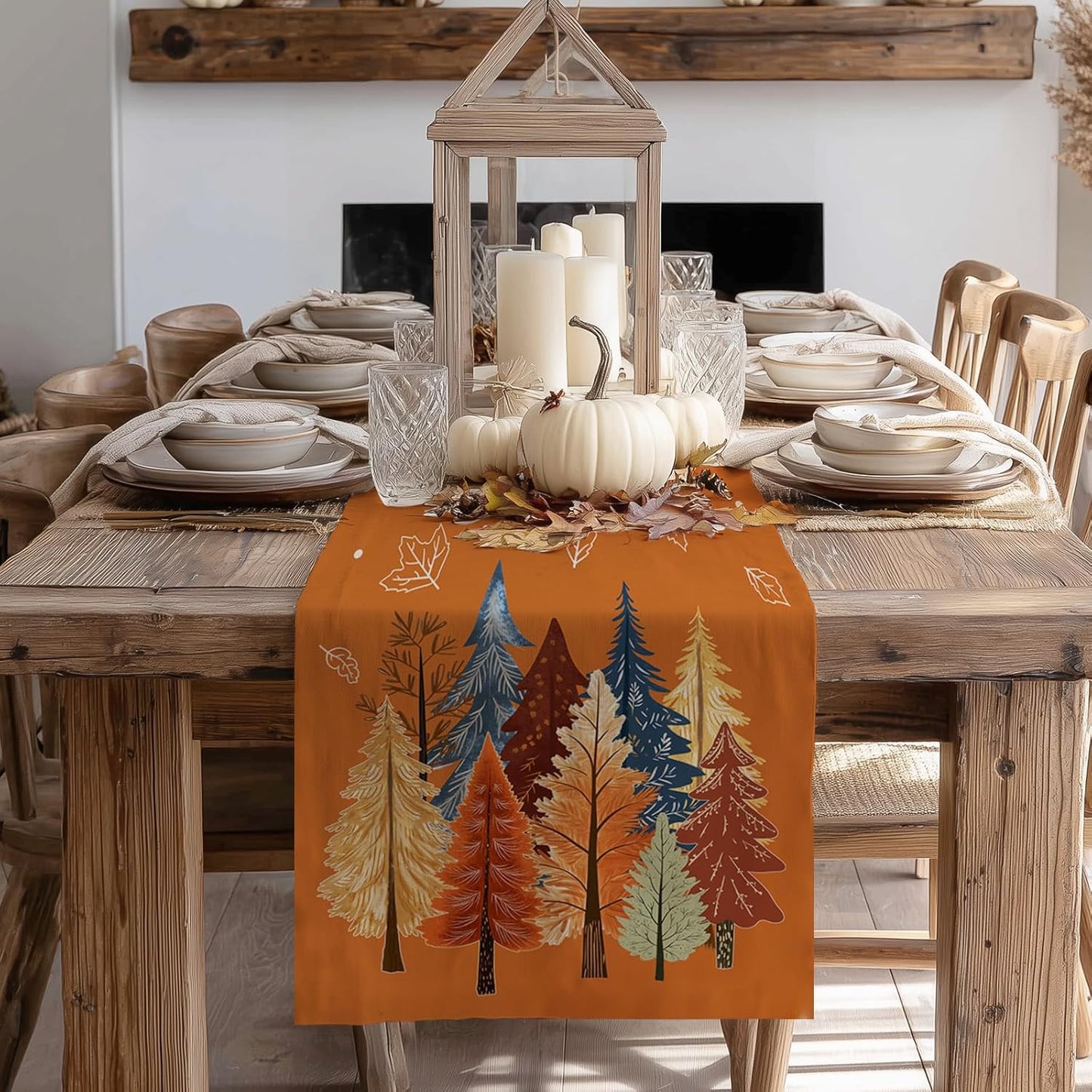 GEEORY Fall Watercolor Trees & Maple Leaves Table Runner 13x120 Inch, Rustic Farmhouse Autumn Thanksgiving Decor for Kitchen, Dining, Indoor/Outdoor Holiday Dinner Party Orange GT158-120