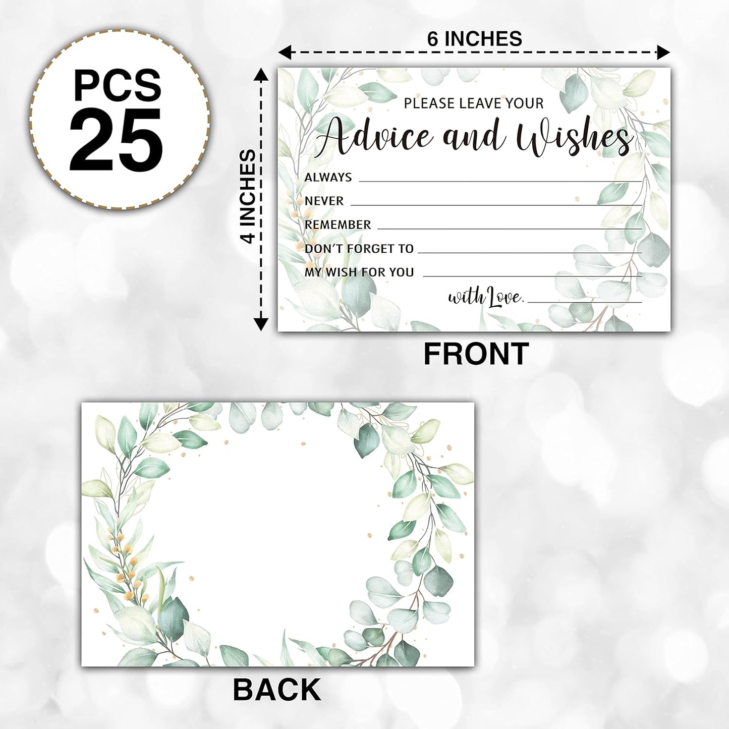 Greenery Advice and Wishes Cards, 25 Pcs Eucalyptus Double Sided Advice Cards for The Bride and Groom, Mr and Mrs, Bride Shower, Wedding Reception, Engagement Party(02)