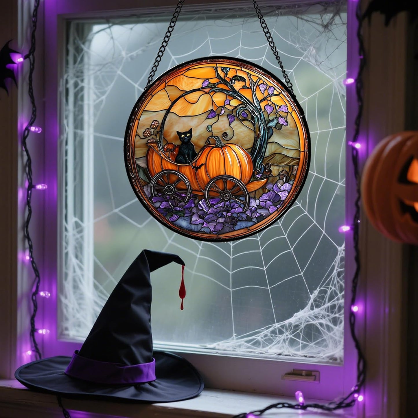 Stained Glass Window Hanging - Halloween Pumpkin Carriage Black Cat Suncatcher for Doors Window Garden Spooky Sun Catchers Gothic Decor Horror Gifts for Women Men Friend Boy Girl 6.3 in