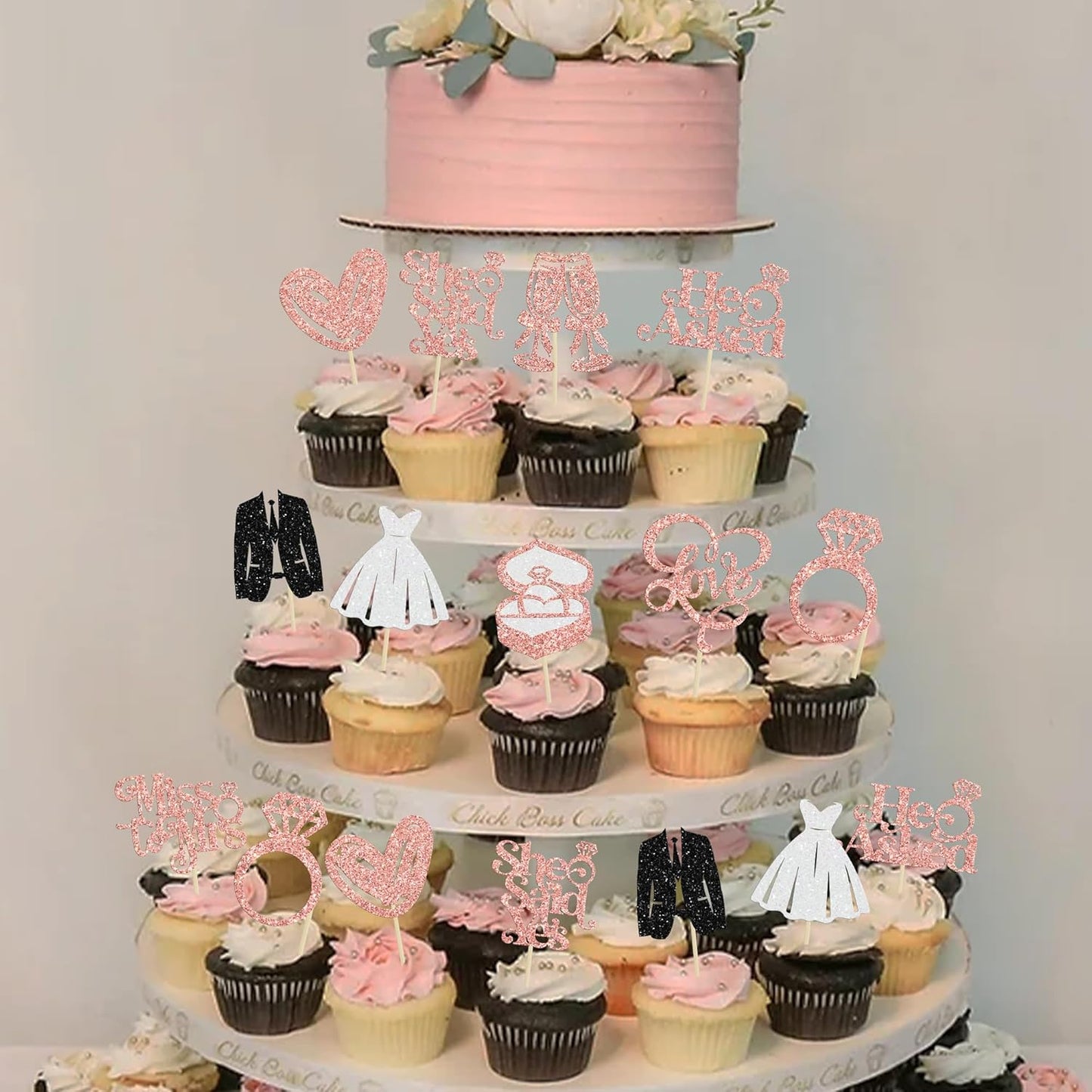Gyufise 30Pcs She Said Yes Cupcake Toppers Glitter Diamond Ring I Do Love Cupcake Picks Miss to Mrs He Asked Bridal Shower Wedding Engagement Bachelorette Cake Decoration Rose Gold