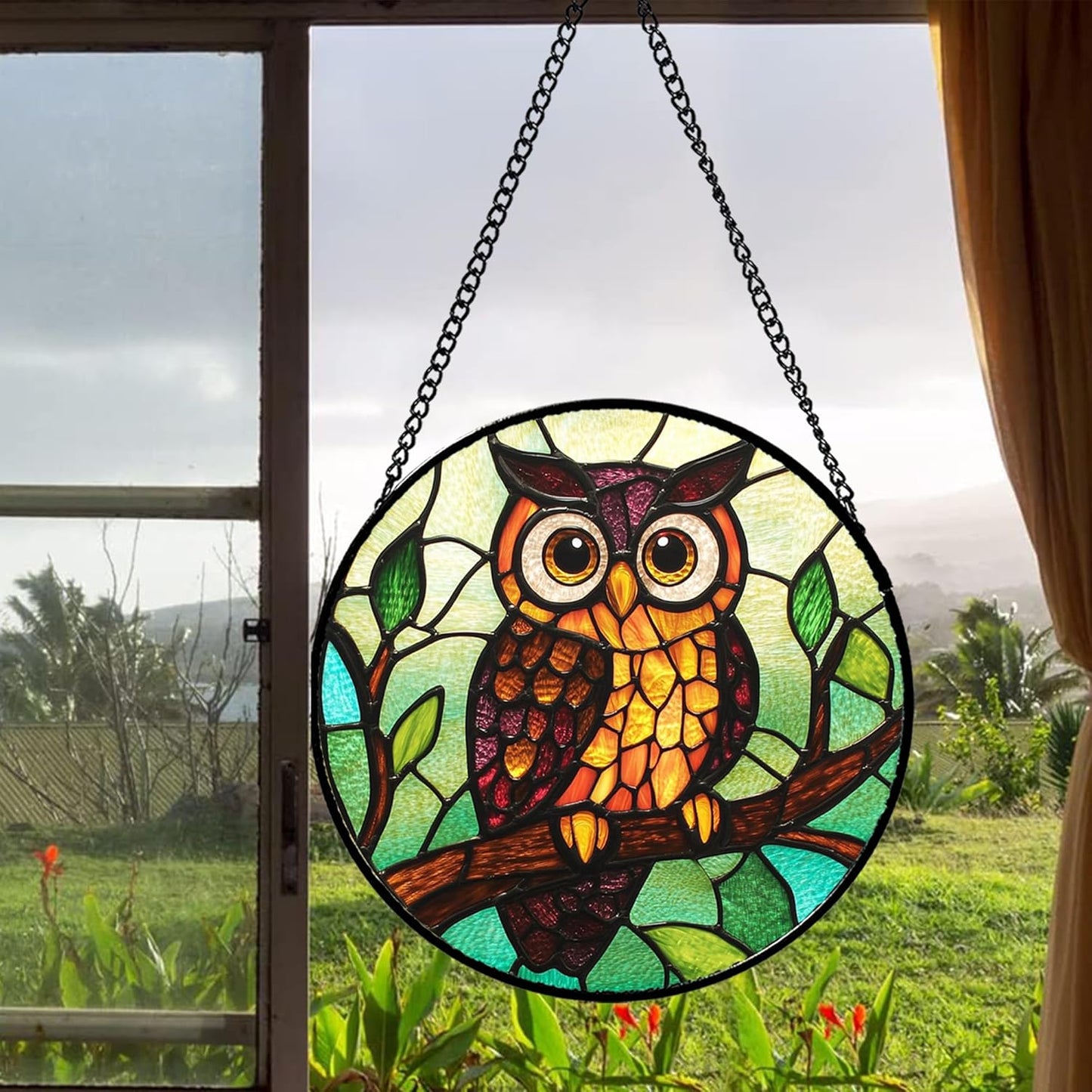 Stained Glass Window Hanging - Owl on a Branch Suncatcher for Doors Window Home Orange Brown Sun Catchers Decor Christmas Mother's Day Birthday Gifts for Teacher Women Men Mom Nana 11.8 in
