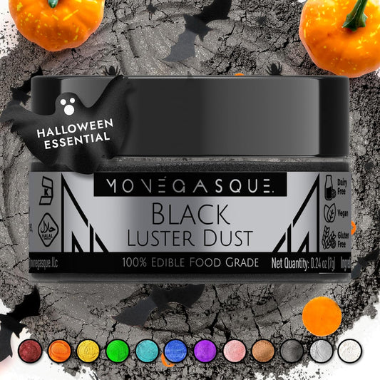 MONÉGASQUE Black Edible Glitter for Drinks 7g – Edible Glitter for Cakes & Cocktails - Black Luster Dust for Cocktail & Cake - Halloween Food Decorations, Drink, & Cake Decorating Spray Sparkles