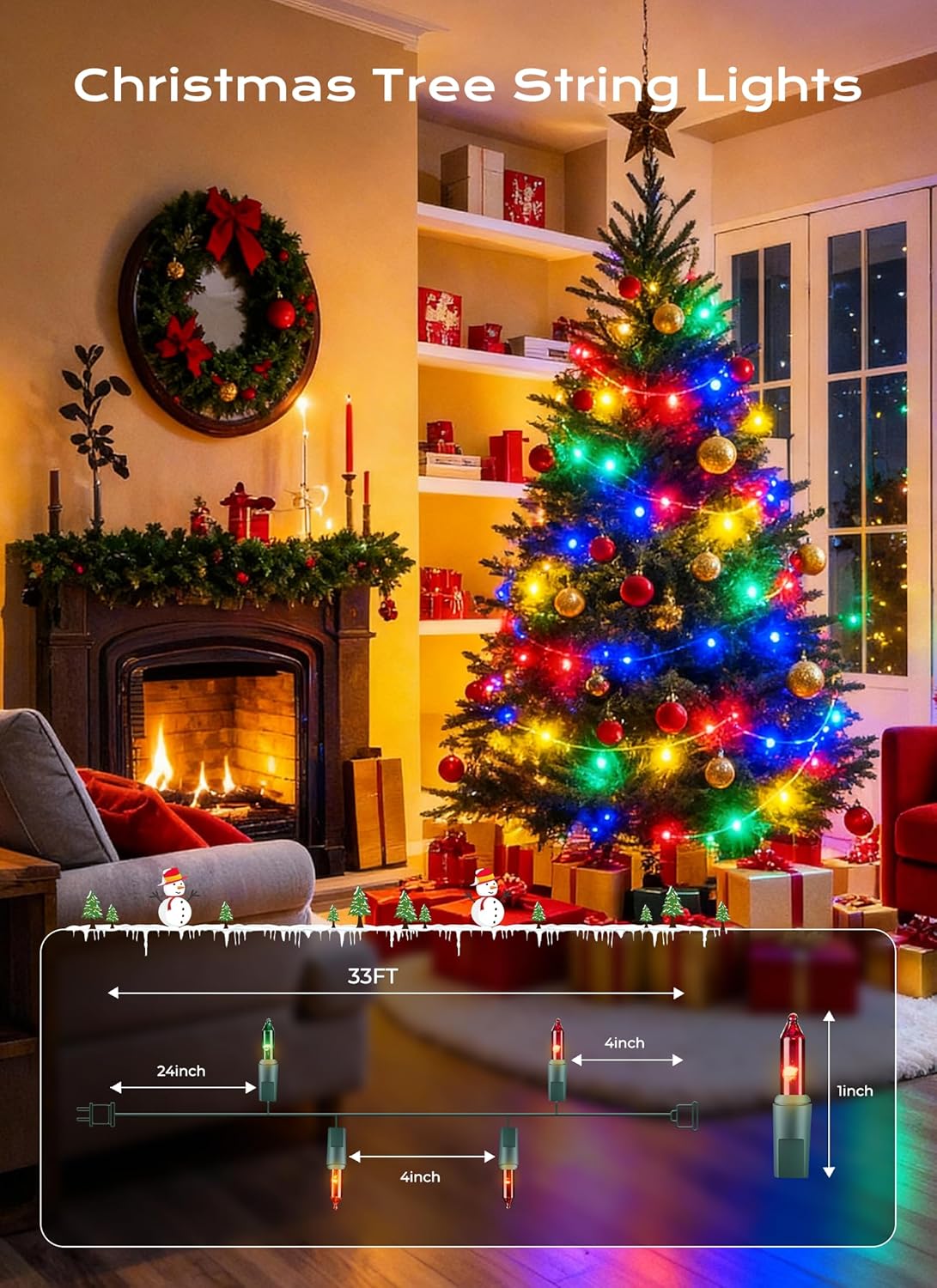 Minetom LED Multicolor Christmas String Lights, 100 Count 33 Feet LED Christmas Lights Bulb, Christmas Decorations Indoor, Christma Tree Lights for Indoor Outdoor Xmas Wedding Party Festival