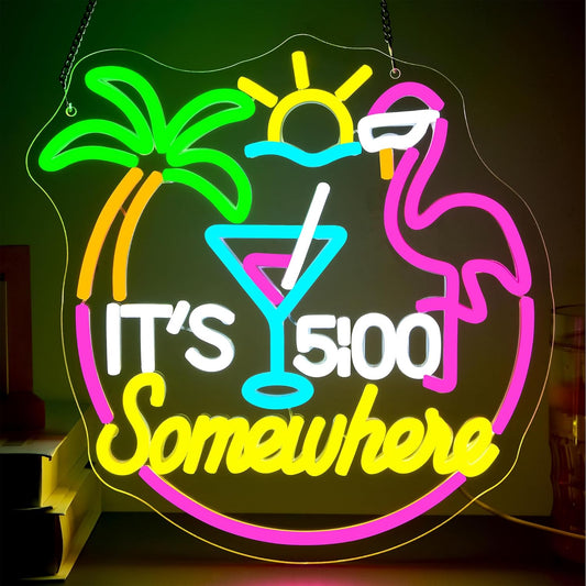Its 5 O'clock Somewhere Neon Sign for Wall Decor Dimmable Led Flamingo Cocktail Neon Light for Man Cave Tiki Bar Home Beer Bar Beach Party Bedroom Christmas Birthday Gift Size 13.1 * 12.9In (WZCP167)