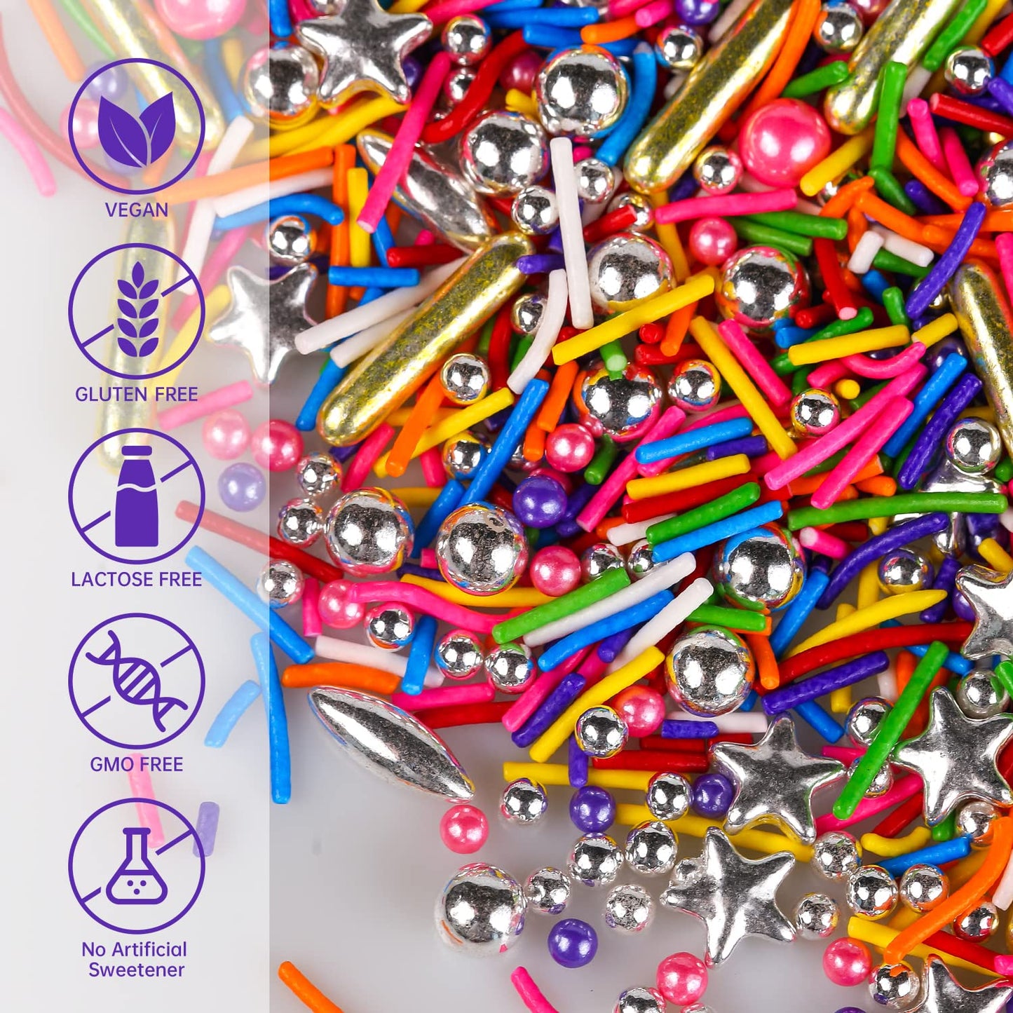 Rainbow Sprinkles for Cake Decorating - Metallic Gold Sprinkles Silver Star, Colorful Jimmies, Sugar Pearl, Cupcakes Topper, Ice Cream, Cookie Decorations for Christmas Birthday Party