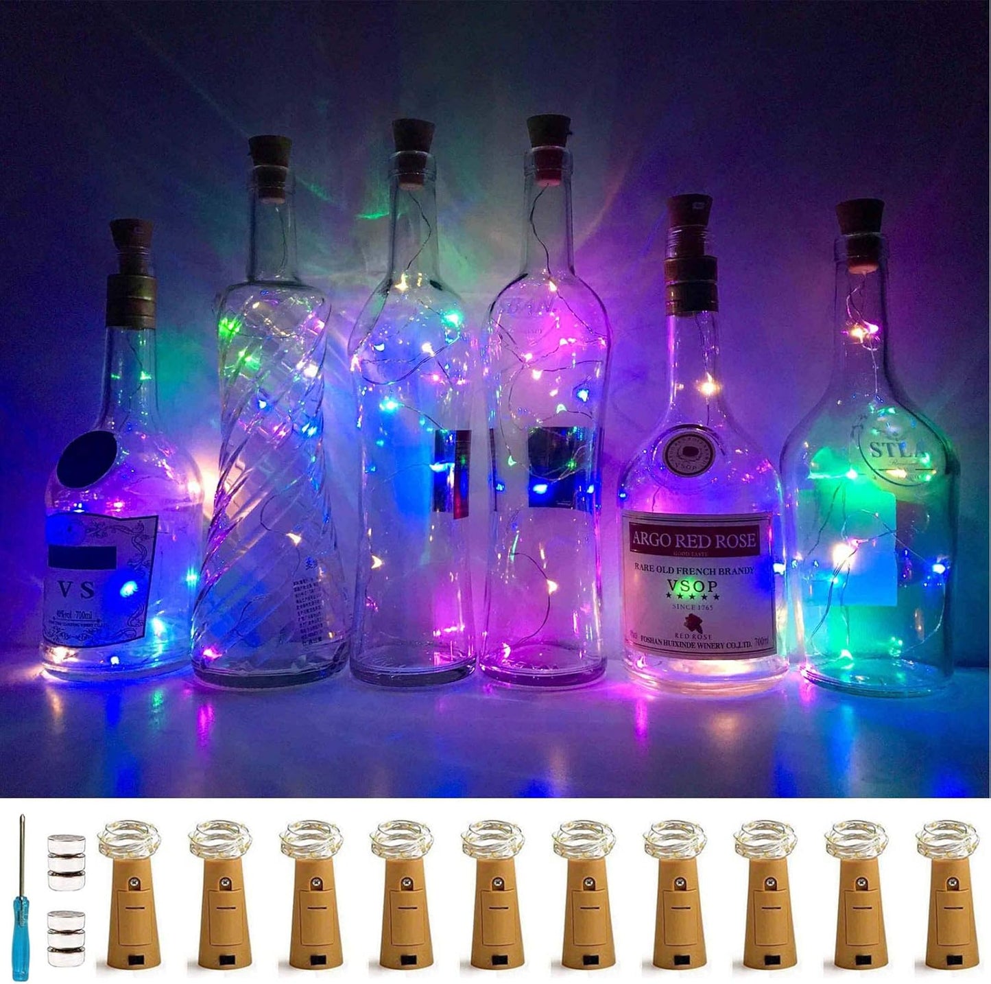 Wine Bottle Lights with Cork, 10 Pack Battery Operated LED Cork Shape Silver Wire Colorful Fairy Mini String Lights for DIY, Party, Decor, Wedding(4 Colors)