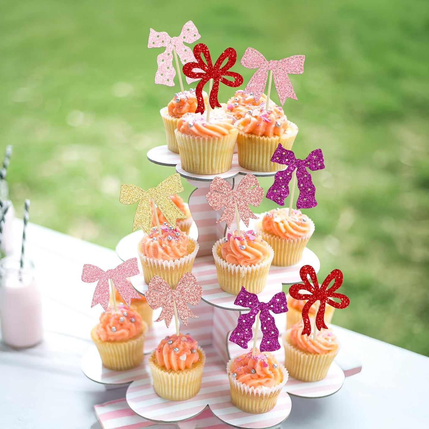 Ephlyn 24Pcs Bow Cupcake Toppers Bow Birthday Cake Topper Girls Birthday Party Decorations Bowknot Cupcake Decorations for Bridal Baby Shower Birthday Wedding Themed Party Pink Gold Purple Rose Red