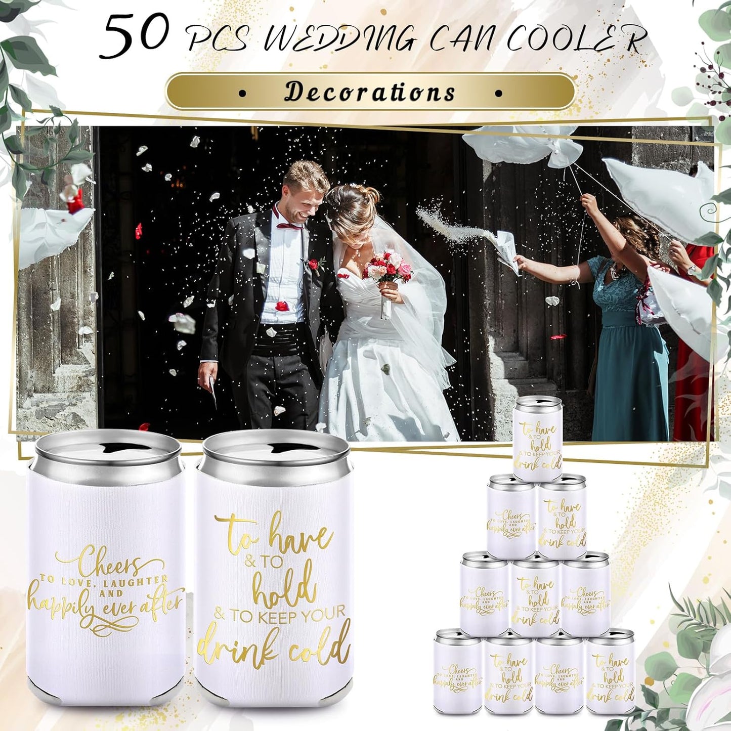 50 Pieces White Wedding Can Cooler Sleeves Bulk Engagement Party Favors for Guests Beer Cooler Cheers to Love Laughter Happily Ever After Rehearsal Dinner Decorations for Wedding Bridal