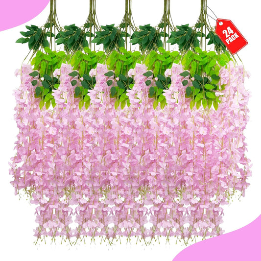 24 Pack Pink Wisteria Hanging Flowers, 3.4 Ft Fake Hanging Flowers, Artificial Wisteria Garland Vines for Wedding Room Backdrop Outdoor Patio Garden Decoration