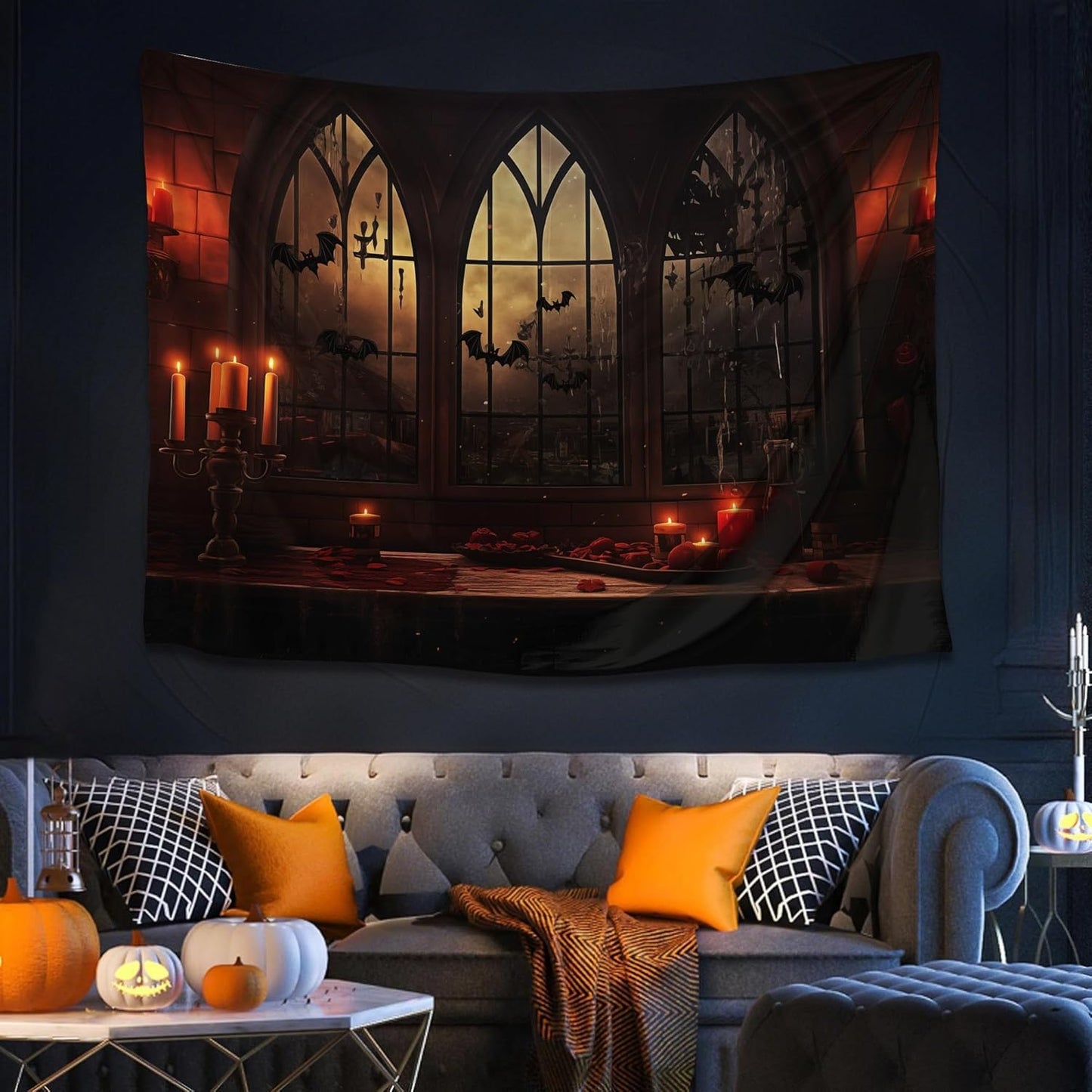 QGHOT Halloween Tapestry Wall Hanging Horror Castle Window Tapestry Gothic Spooky Backdrop Vampire Medieval Tapestries for Bedroom Living Room Dorm Wall Art Decor (78.7"x59.1")
