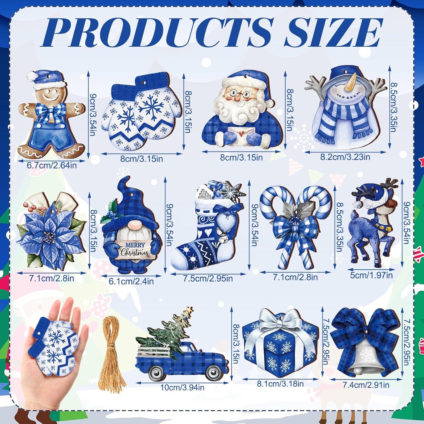 Suzile 36 Pcs Christmas Wooden Ornaments Blue Christmas Ornaments for Tree Vintage Winter Tree Decorations Xmas Hanging Wood Cutouts Decor for Farmhouse Home Winter Holiday Party Wreaths