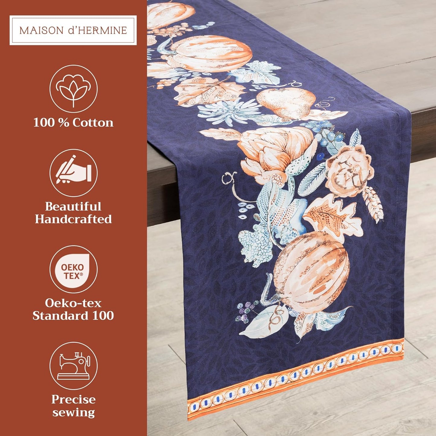 Maison d' Hermine Table Runner 100% Cotton Single Layer Table Runners 72 inches Long for Thanksgiving Christmas Decorations Home Kitchen Dining Party Wedding (Pumpkin Blues, 14.5" x 72")