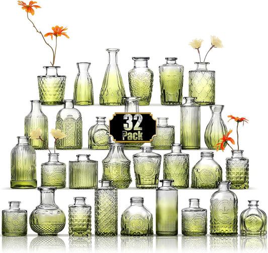 Arme Bud Vase Set of 32, Green Vases Glass Bud Vases in Bulk, Small Vases for Centerpieces Mini Flower Vase Set Cute Vintage Glass Vase Set for Flower Wedding Home Centerpiece Table Decorations